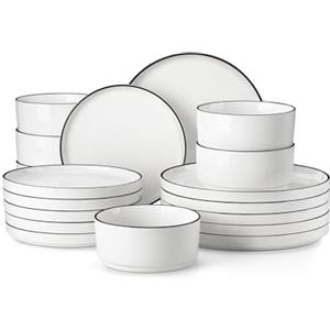 MALACASA Servizio di Piatti in Porcellana per 6 Persone, 18 Pezzi con Piatti Piani ∅ 26 cm, Piatti da Dessert ∅ 21 cm e Ciotole per Cereali da 760 ml, Bianco con Bordo Nero, Serie LEAH