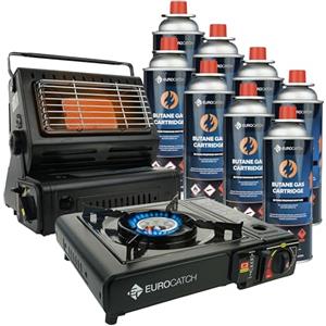 Eurocatch Fornello a gas e fornello - Inclusi 8 bomboletta cartuccia a gas - Set da campeggio - Autobus a gas butano - Fornello a gas - Stufa - Riscaldamento