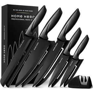 Home Hero Coltelli da Cucina - Acciaio Inox - Set Coltelli da Cucina Professionali - Coltelli da Tavola e Utensili Cucina (11 pezzi con Guaina - Nero)