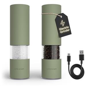LARS NYSØM Macina Sale e Pepe Elettrica | Set di Macinapepe Automatici in Acciaio Inox con Macinino in Ceramica Regolabile | Set Macinaspezie Ricaricabili USB con Luce LED (Sage Green)