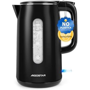 Aigostar Bollitore Elettrico Acciaio Inox per Uso Alimentare, Nero 1,7 Litri, Bollitura Rapida Electric Kettle 2200W, Doppio Isolamento, Senza BPA, Visualizzazione del Livello Dell'acqua
