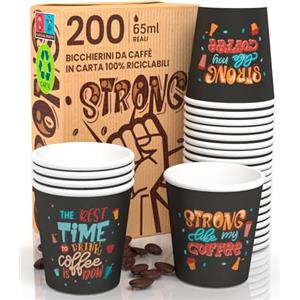 Eurocali 200 Bicchierini in Carta per caffè 65ml StrongLifeCUP Bicchieri Ecologici Biodegradabili Monouso Piccoli Asporto Bevande Calde