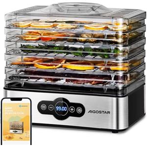 Aigostar Crispy - Essiccatore alimentare, 240W, 5 vassoi, essiccatura automatica, ottimo per frutta, carne, verdura ecc. controlli digitali, impostazione manuale di tempo e temperatura. Senza BPA.