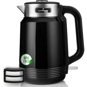 LEHMANN Bollitore Elettrico - 2 L, 2200 W - Riscaldamento Rapido - Doppia Parete - Base Girevole 360° - Acciaio Inox - Spegnimento Automatico - BPA‑free - ideale per Famiglie e Uffici - Nero