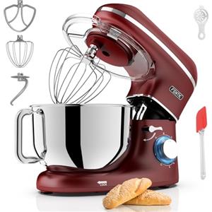 Fentic Impastatrice Planetaria - 2000W - Ciotola in Acciaio Inossidabile (6,2 L) con Frusta, Gancio Impastare e Mescolatore - Inclusa e accessori extra - Rosso