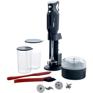 bamix M350 MAXX - Set frullatore a immersione con supporto, 2 bicchieri, 4 attrezzi, processore, spatola, spazzola per la pulizia, 300 Watt, prodotto in Svizzera, colore nero e cromato