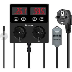 KETOTEK Termostato Igrostato Presa Digitale, Regolatore di Temperatura e Umidità con Sonda, Regolatore di Umidità Spina 230V Umidostato con Allarme per Serra Rettili Terrario