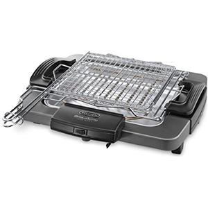 De'Longhi BQ60 Barbecue Grill Elettrico con Doppia Griglia e Bistecchiera, Doppia rotazione, impugnatura termoisolante, interruttore di sicurezza, vassoio antigoccia, facile da pulire,Grigio