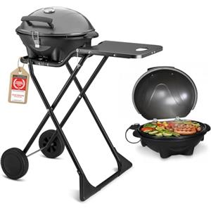 TZS First Austria - Barbecue elettrico 2 in 1 da tavolo & terra 2400W - BBQ pieghevole per balcone e terrazza con coperchio e carrello - Grill a sfera con termometro e vassoio raccogligrasso