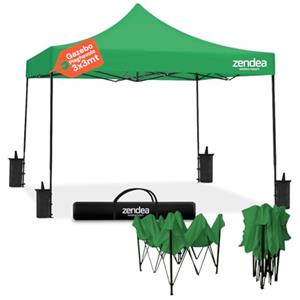 Zendea - Gazebo Verde 3x3 Pieghevole Impermeabile con Struttura Rinforzata e Copertura Oxford 600D PVC, Montaggio Rapido a Fisarmonica per Giardino ed Eventi, 4 Sacchi Stabilità Inclusi