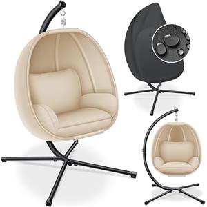 KESSER® Poltrona sospesa Luxe con telaio + morbido cuscino da seduta, imbottitura laterale, seduta e schienale imbottiti, cesto sospeso, per interni ed esterni, cesto a dondolo da giardino, Beige