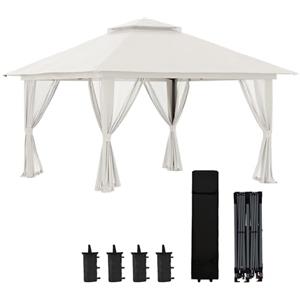 Outsunny Gazebo Pieghevole Pop Up 4x4 m ad Altezza Regolabile a 3 Livelli, Gazebo Esterno con Zanzariera, Sacchi di Sabbia, Borsa da Trasporto, UV50+, per Giardino Campeggio Feste, Crema