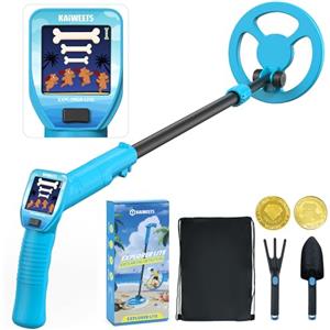 KAIWEETS Metal Detector Bambini, con Schermo LCD a Colori Animato, Asta Regolabile e Design Leggero, Set Completo con Zaino, Paletta, Rastrello e Monete Bonus - Rilevatore di Metalli Educativo