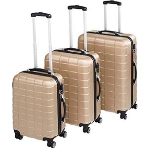 tectake® Set 3 Valigie Trolley da Viaggio, Set Valigie con Scocca Rigida, Rotelle Girevoli a 360°, Serratura a Combinazione TSA, Espandibile - Champagne