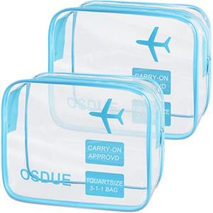 OSDUE 2 Pcs Borse da Valigia Trasparente, Sacche Trasparenti da Aereo, Beauty Case Impermeabili, Borse per Cosmetici con Zip, Beauty Case da Borsa Viaggio per Trasporto di Liquidi, Donna/Uomo (Blu)