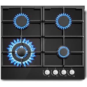 SNDOAS Piano cottura 4 fuochi gas, Piano cottura a Gas incassato con Protezione Automatica della fiamma, 8060W Nero Fornello a Gas Vetro con Vetro Temperato, Gas naturale/Propano