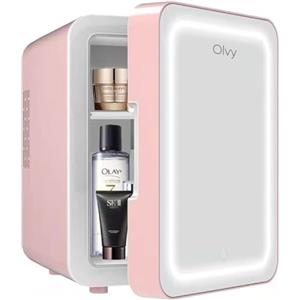 Olvy Frigorifero Cosmetico 4 Litri, Mini Frigo Portatile con Specchio LED, Piccolo Frigo per Cura della Pelle, Raffreddamento e Riscaldamento per Camera, Rosa
