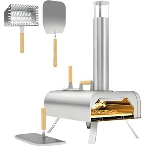 Outsunny Forno per Pizza a Pellet di Legno con Pietra Refrattaria e Pala, Forno Pizza a Legna in Acciaio Inox con Gambe Pieghevoli e Manici, per Campeggio Cortile Esterno, 79x36x75 cm, Argento