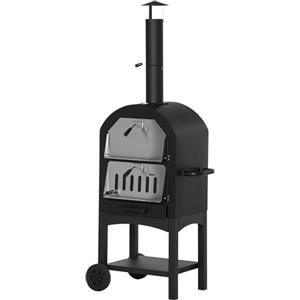 Outsunny Forno per Pizza e Barbecue a Carbone Portatile, Forno a Legna per Esterno con Ruote in Acciaio con Camino e Ripiano Inferiore, 63x54x161 cm, Nero