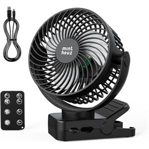 Minthouz Ventilatore Portatile USB Ricaricabile 12000mAh con Clip e Telecomando, 45H di Autonomia, Silenzioso, 3 Velocità, Luce LED, Rotazione a 360°, Timer, per Scrivania, Campeggio e Passeggino