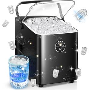 FOHERE Macchina Ghiaccio 14KG in 24h, Cubetti in 6-8 Min, Autopulente, 2 Dimensioni di Ghiaccio, Macchina per il Ghiaccio con Maniglia Portatile per Casa/Cucina/Ufficio/Bar (Nero Profondo)