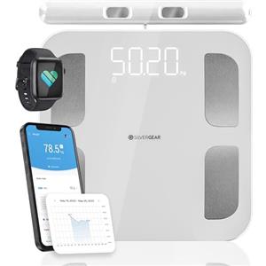 Silvergear® Bilancia Pesapersone PRO | Bilancia Impedenziometrica Bluetooth con APP | Bilancia Digitale Professionale con Grasso Corporeo, Massa Muscolare, BMI, Peso Osseo, BMR e Frequenza Ca