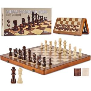 VEVOR Set di Scacchi Magnetici in Legno 380 x 380 x 25 mm Set da Gioco di Dama 2 in 1, Giochi da Scacchiera Pieghevoli per Adulti Bambini, Set di Scacchi Regalo da Viaggio Portatile con 2 Regine