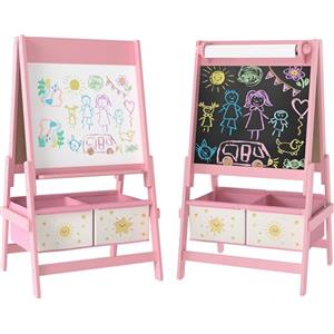 AIYAPLAY Lavagna per Bambini 3 in 1 con Rotolo di Carta e 2 Cestelli Portaoggetti, Lavagna con Cavalletto in Legno di Pino e MDF, 54x46x94 cm, Rosa