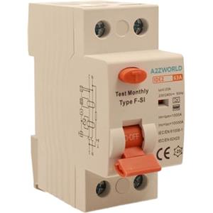 A2ZWORLD Interruttore Differenziale Tipo F-SI Super Immunizzato, Salvavita 63A, RCCB 1P+N 10kA 30mA 2 Moduli, Ottimo per Impianti con Inverter,Pompe di Calore,Climatizzatori,UPS,Wallbox