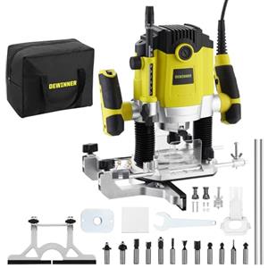 DEWINNER Fresatrice Verticale Legno 1800 W 10000-26000 giri/min DEWINNER, Fresatrice per Legno con Set di 12 frese,7 Velocità,Pinza 6/8/12 mm, Regolazione Della Profondità Della Fresa, Borsa di Tela