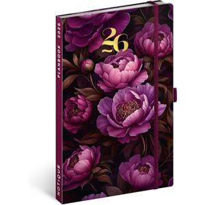 NOTIQUE Agenda 2026, ca. A5-2 in 1, calendario e taccuino, copertina rigida, agenda settimanale con chiusura elastica, 144 pagine, calendario dei libri, planbook (fiori viola)
