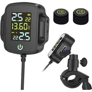 HUAJUN Motorcycle TPMS Sistema di Monitoraggio Della Pressione dei Pneumatici,Monitoraggio Della Temperatura e della Tensione,con 2 Sensori Esterni Display LCD Sistema di Allarme