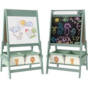 AIYAPLAY Lavagna per Bambini 3 in 1 con Rotolo di Carta e 2 Cestelli Portaoggetti, Lavagna con Cavalletto in Legno di Pino e MDF, 54x46x94 cm, Verde