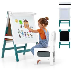 RELAX4LIFE 3 in 1 Lavagna Bambini in Legno, Cavalletto Artistico Bifacciale con Porta Rotoli, Altezza Regolabile e Barre Magnetiche. Include Sedia e Cestino per 3+ Anni (Bianco+Verde)