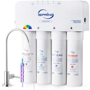 iSpring RO5004F-AK Filtro Acqua Osmosi Inversa Alcalina con UV, 500 GPD, pH+, Depuratore Acqua Domestico, Acqua Pura/Scarico 2:1 Sotto Lavello con Pompa, Monitor Vita Filtro, Riduce PFAS, TDS