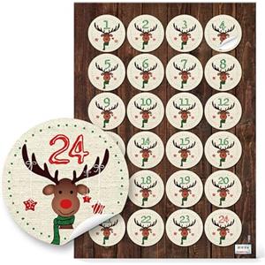 Logbuch-Verlag Etichette numeri adesivi calendario avvento con renna, set di 24: adesivi natalizi per bambini, bustine fai da te, scatole, sacchetti, barattoli, confezioni regalo, Ø 4 cm