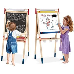 COSTWAY Cavalletto per Bambini 3 in 1, Lavagna Bifacciale, Cavalletto per Disegnare, con Rotolo di Carta, Lavagna Bianca Magnetica, Accessori Completi, in Legno (60x55x(112,5-124,5) cm)