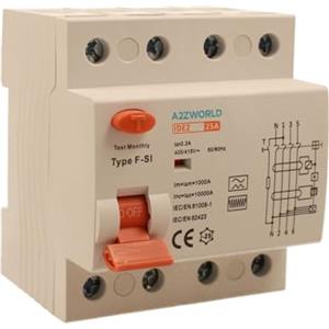 A2ZWORLD Interruttore Differenziale Tipo F-SI Super Immunizzato 380V, Salvavita Trifase 0,3A 25A, RCCB 3P+N 10kA 300mA, Occupa 4 Moduli Barra DIN