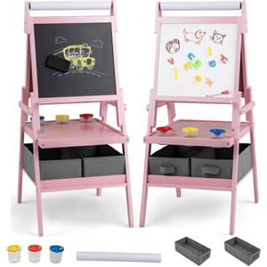 RELAX4LIFE 3 in 1 Lavagna per Bambini, Cavalletto con Doppia Faccia Magnetica e Lavagna Bianca, Rotolo di Carta, Scaffale Doppio e 2 Cesto in Tessuto Pieghevole, 3 Tazze, Legno per 3+ Anni (Rosa)