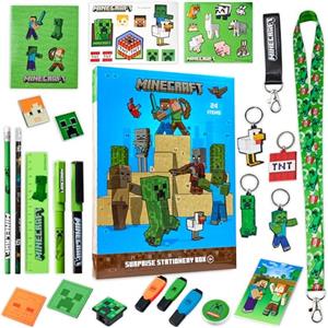 Minecraft Calendario Avvento 2025 Cancelleria e Accessori Countdown Natale Calendari Avvento Cartoleria Creeper Penne Portachiavi Regalo per Gamer (Blu)