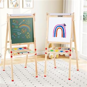 COSTWAY 3 in 1 Cavalletto per Bambini, Cavalletto Artistico in Legno con Doppia Faccia Magnetico, Lavagna Bianca, Lavagna Nera e Rotolo di Carta, Pieghevole e Altezza Regolabile