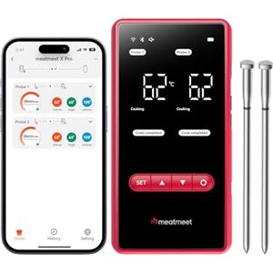 Meatmeet X Pro Termometro per Carne con Wi-Fi e Bluetooth, 2 Sonde 6 Sensori, Impermeabile IP69, resistenza a 582 °C, Ideale per BBQ, Grigliate, Affumicatori, Forni, Cucina