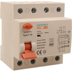 A2ZWORLD Interruttore Differenziale Tipo F-SI Super Immunizzato 380V, Salvavita Trifase 0,3A 63A, RCCB 3P+N 10kA 300mA, Occupa 4 Moduli Barra DIN