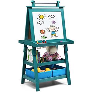 LIFEZEAL Lavagna per bambini 3 in 1, cavalletto per bambini con lavagna a due lati, lavagna con 2 ripiani, lavagna bianca, lavagna a gesso e rotolo di carta, lavagna con 2 scatole, magnetica (blu)