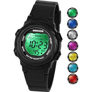 SOCICO Orologio digitale per bambini, resistente all'acqua 5ATM, orologio per illuminato a 7 colori con sveglia e cronometro per bambine e bambini dai 5 ai 12 anni.