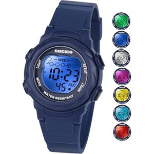 SOCICO Orologio digitale per bambini, resistente all'acqua 5ATM, orologio per illuminato a 7 colori con sveglia e cronometro per bambine e bambini dai 5 ai 12 anni.
