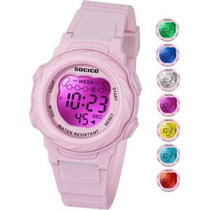 SOCICO Orologio digitale per bambini, resistente all'acqua 5ATM, orologio per illuminato a 7 colori con sveglia e cronometro per bambine e bambini dai 5 ai 12 anni.
