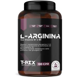 T-Rex Integratori L-Arginina 1000 mg con Vitamine B1 e B6 | Alto dosaggio | 120 compresse di L-Arginina HCL | Integratore Pre Workout per Sportivi, Vegan, Made in Italy