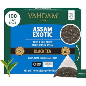 VAHDAM, Tè Nero Assam (100 Bustine) Alto Tenore di Caffeina | The Nero in Foglie Forte, Robusto e Aromatico | In Bustina Richiudibile con Chiusura Ermetica
