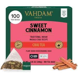 VAHDAM Tè Chai alla Cannella Dolce | 100 Filtri Piramidali | Miscela di Tè Nero Assam con Cannella e Cardamomo | Gusto Chai Speziato | Sigillato Sottovuoto per Freschezza